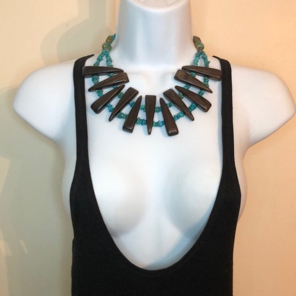 Vintage SX 925 sterling silver turquoise and wood statement bib necklace.